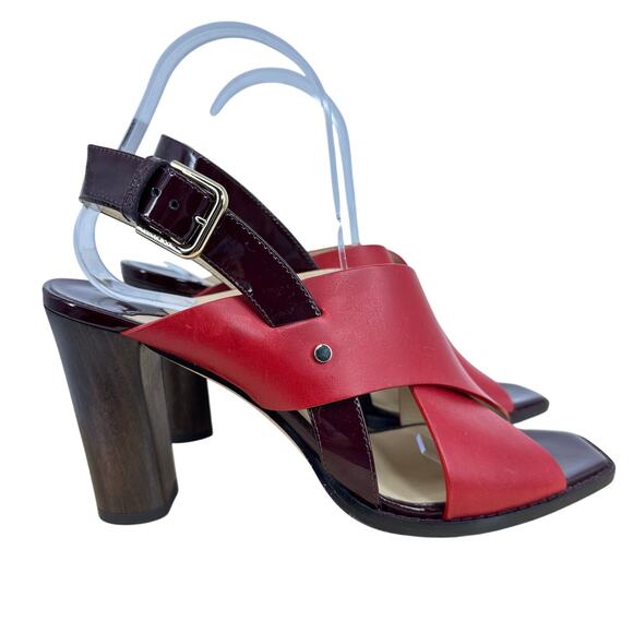JIMMY CHOO Platform Sandal AIX 125 Red Leather Wood Heels Gold Patent Size 40 - Picture 1 of 12